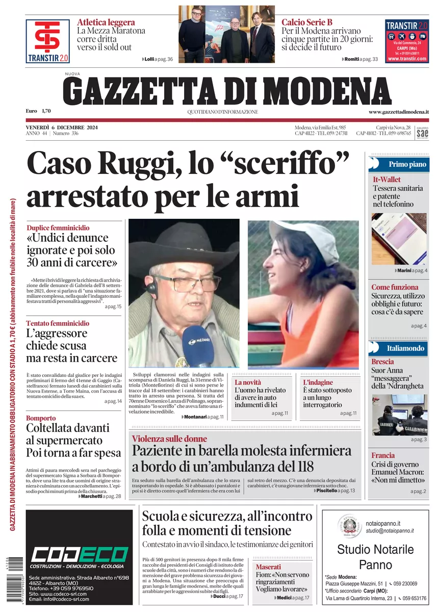 Prima-pagina-gazzetta di modena-oggi-edizione-del-2024-12-06